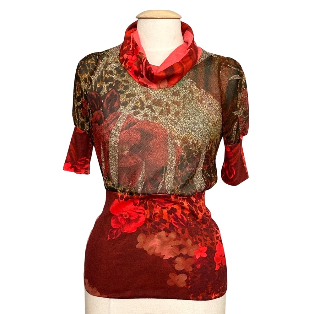 VTG Y2K Jump Women Top S Red Floral Animal Print Cowl Mesh Sheer Artsy Grunge
